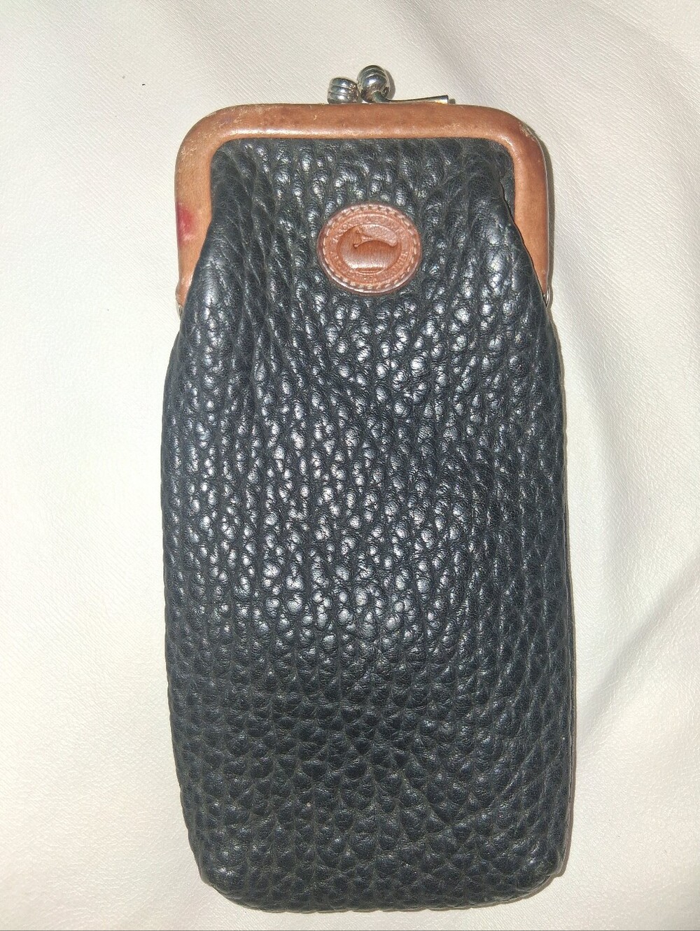 Dooney & Bourke Black Pebbled Leather Kiss-Lock Coin Purse with Brown Trim